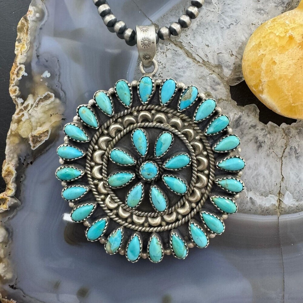 Southwestern Style Sterling Turquoise Decorated Round Cluster Pendant For Women